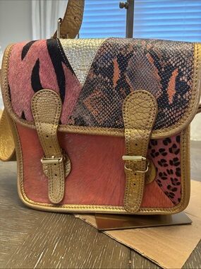 Paul Marius LaSacoche Leathe Gold-Trim Pink Patchwork Animal Print Crossbody Bag